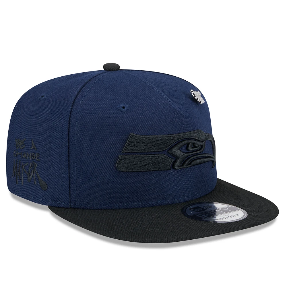 Men's New Era College Navy/Black Seattle Seahawks 2024 Inspire Change A-Frame 9FIFTY Snapback Hat