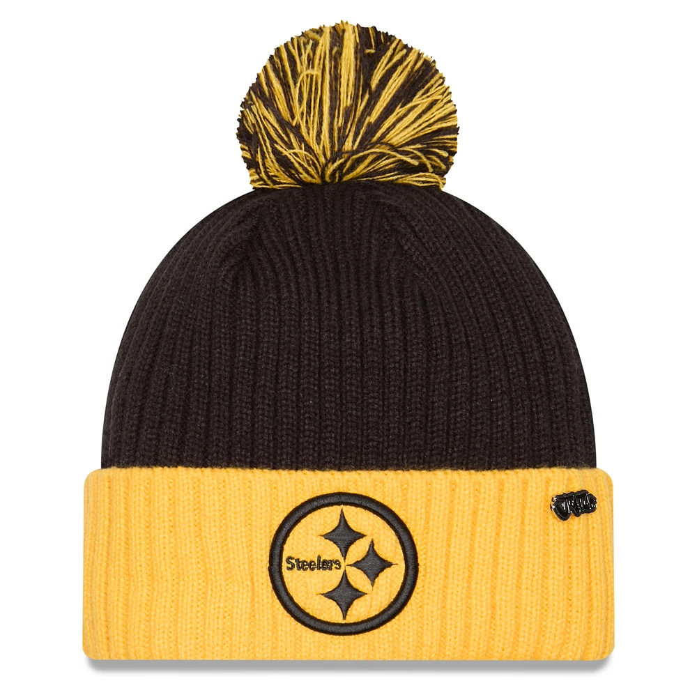 Men's New Era Black/Gold Pittsburgh Steelers 2024 Inspire Change Cuffed Knit Hat with Pom