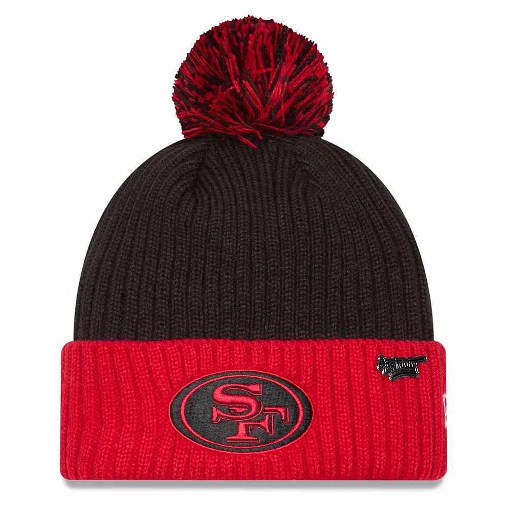 Men's New Era Black/Scarlet San Francisco 49ers 2024 Inspire Change Cuffed Knit Hat with Pom