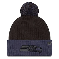 Men's New Era Black/College Navy Seattle Seahawks 2024 Inspire Change Cuffed Knit Hat with Pom