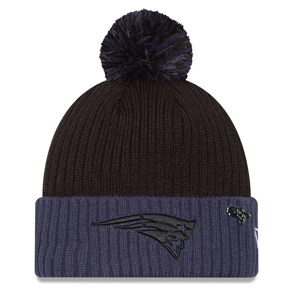 Men's New Era Black/Navy New England Patriots 2024 Inspire Change Cuffed Knit Hat with Pom