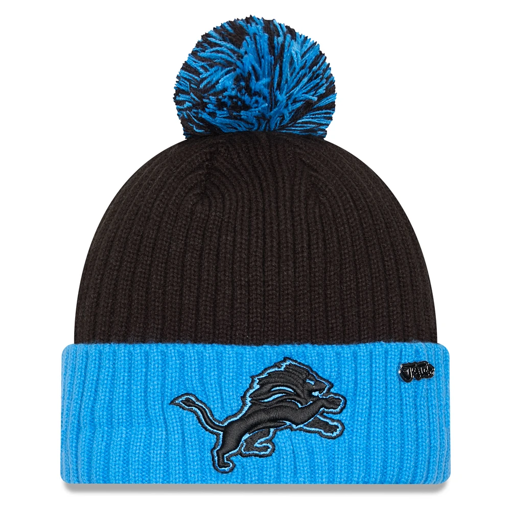 Men's New Era Black/Blue Detroit Lions 2024 Inspire Change Cuffed Knit Hat with Pom