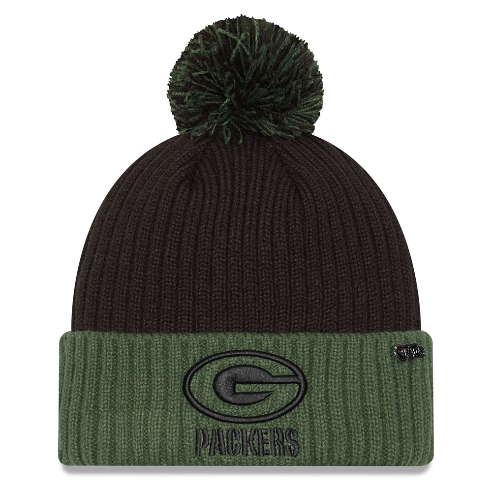 Men's New Era Black/Green Green Bay Packers 2024 Inspire Change Cuffed Knit Hat with Pom