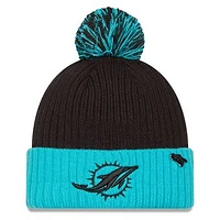 Men's New Era Black/Aqua Miami Dolphins 2024 Inspire Change Cuffed Knit Hat with Pom