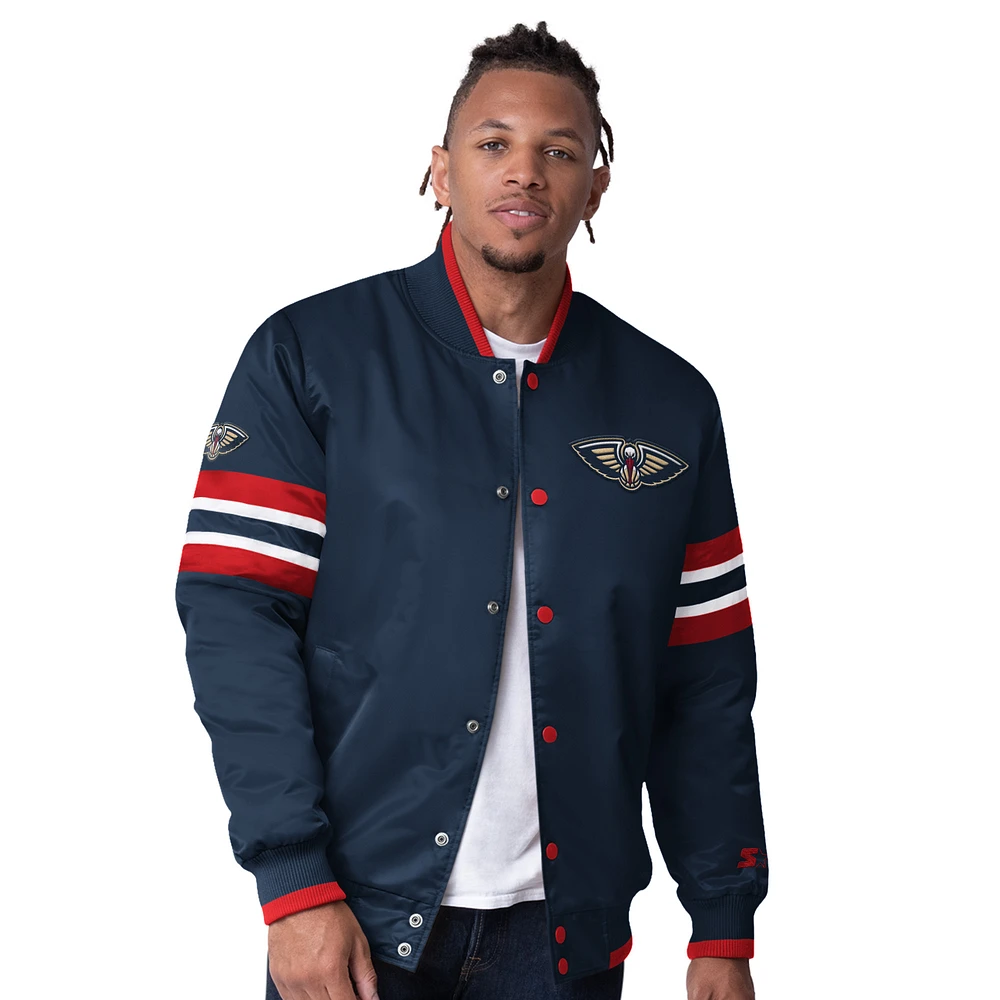 Men's Starter Navy New Orleans Pelicans Scout Varsity Satin Full-Snap Jacket