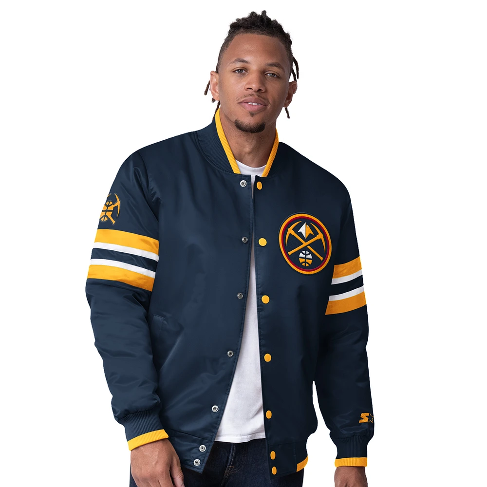 Men's Starter Navy Denver Nuggets Scout Varsity Satin Full-Snap Jacket