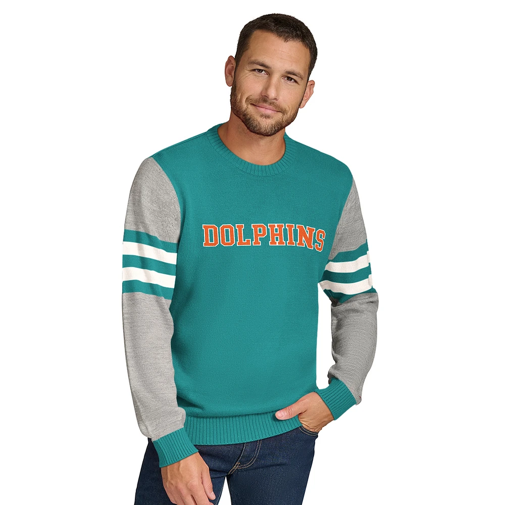 Men's Tommy Hilfiger Aqua/Heather Gray Miami Dolphins Acrylic Crewneck Pullover Sweatshirt