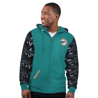 Men's Starter Aqua Miami Dolphins Thursday Night Gridiron Vintage Logo Full-Zip Hoodie