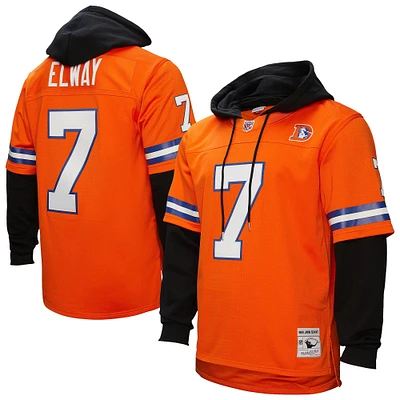 Men's Mitchell & Ness John Elway Orange Denver Broncos Player Name & Number Hoodie Legacy Jersey