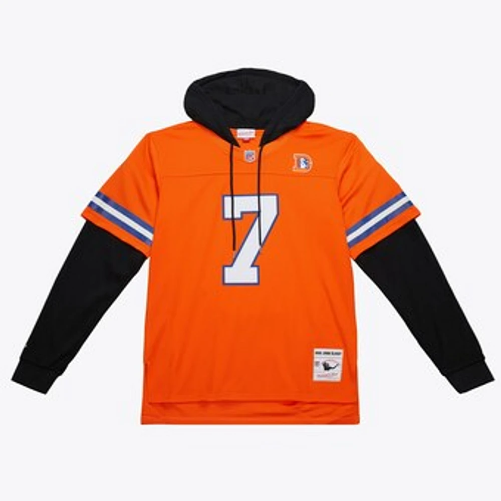 Men's Mitchell & Ness John Elway Orange Denver Broncos Player Name Number Hoodie Legacy Jersey