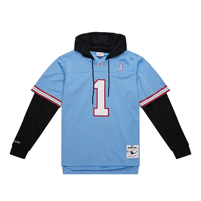 Men's Mitchell & Ness Warren Moon Light Blue Houston Oilers Player Name Number Hoodie Legacy Jersey