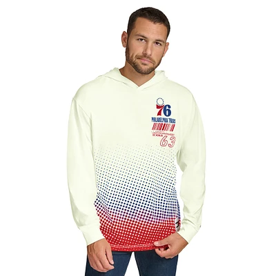 Men's Tommy Jeans Cream Philadelphia 76ers Ben Vintage Applique Long Sleeve Hoodie T-Shirt