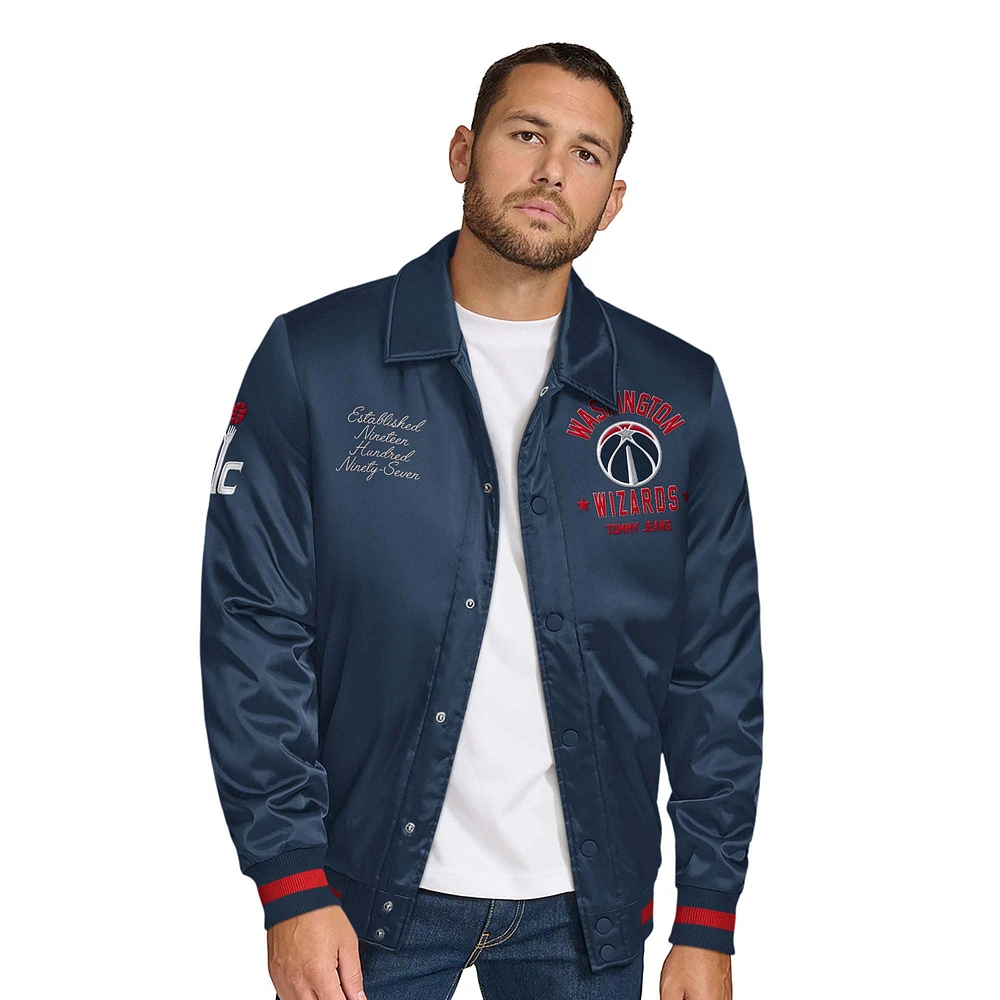 Men's Tommy Jeans Navy Washington Wizards Jacob Chain Stitch Applique Full-Snap Varsity Jacket