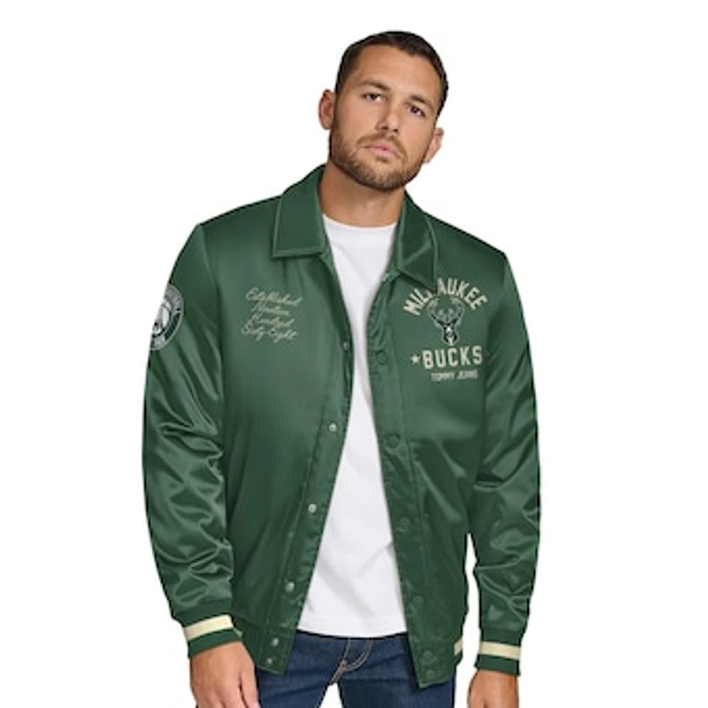 Men's Tommy Jeans Hunter Green Milwaukee Bucks Jacob Chain Stitch Applique Full-Snap Varsity Jacket