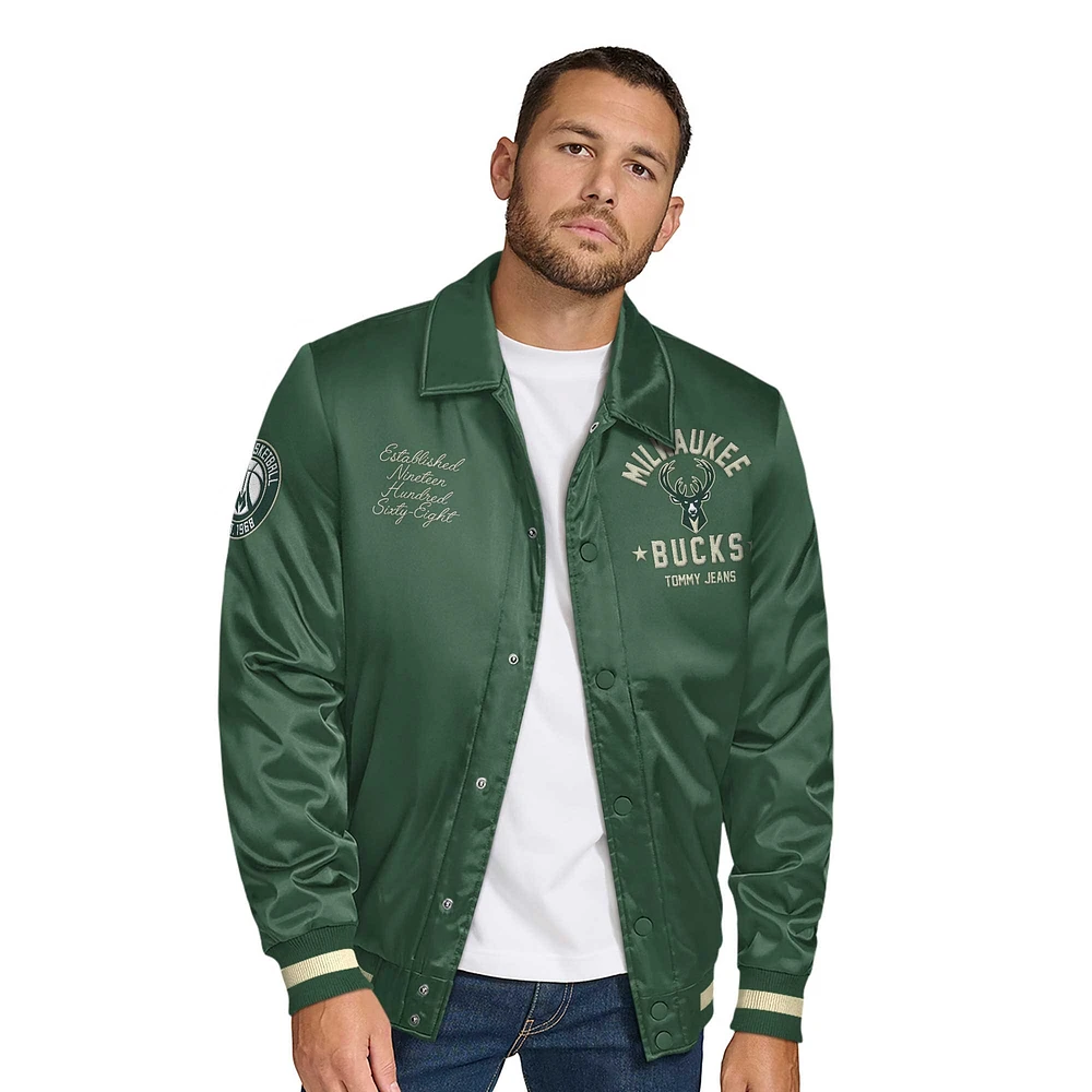 Men's Tommy Jeans Hunter Green Milwaukee Bucks Jacob Chain Stitch Applique Full-Snap Varsity Jacket