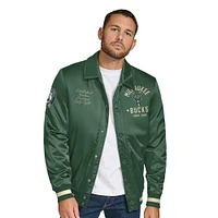 Men's Tommy Jeans Hunter Green Milwaukee Bucks Jacob Chain Stitch Applique Full-Snap Varsity Jacket