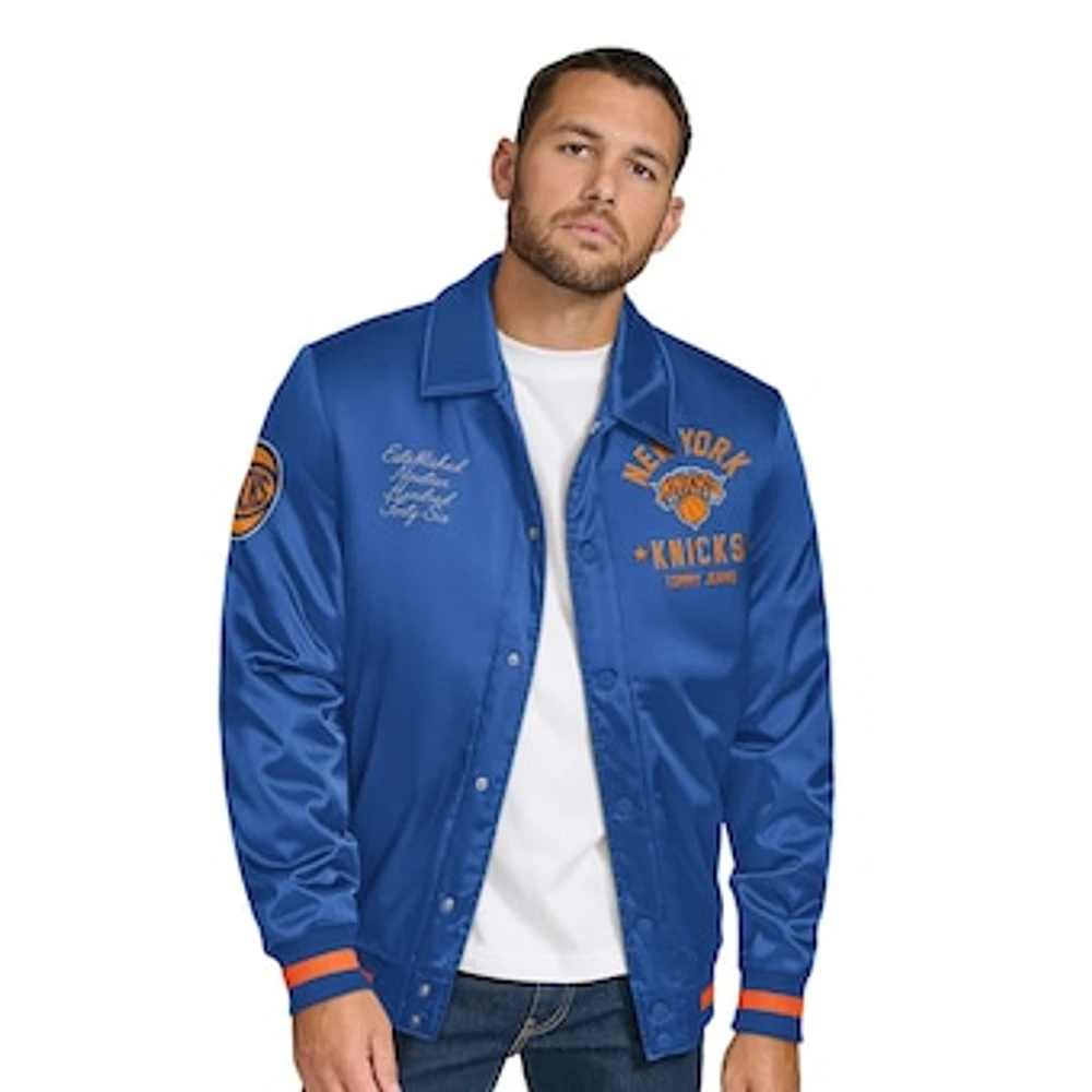 Men's Tommy Jeans Blue New York Knicks Jacob Chain Stitch Applique Full-Snap Varsity Jacket