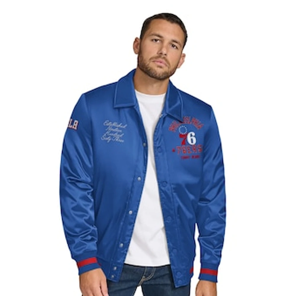 Men's Tommy Jeans Royal Philadelphia 76ers Jacob Chain Stitch Applique Full-Snap Varsity Jacket