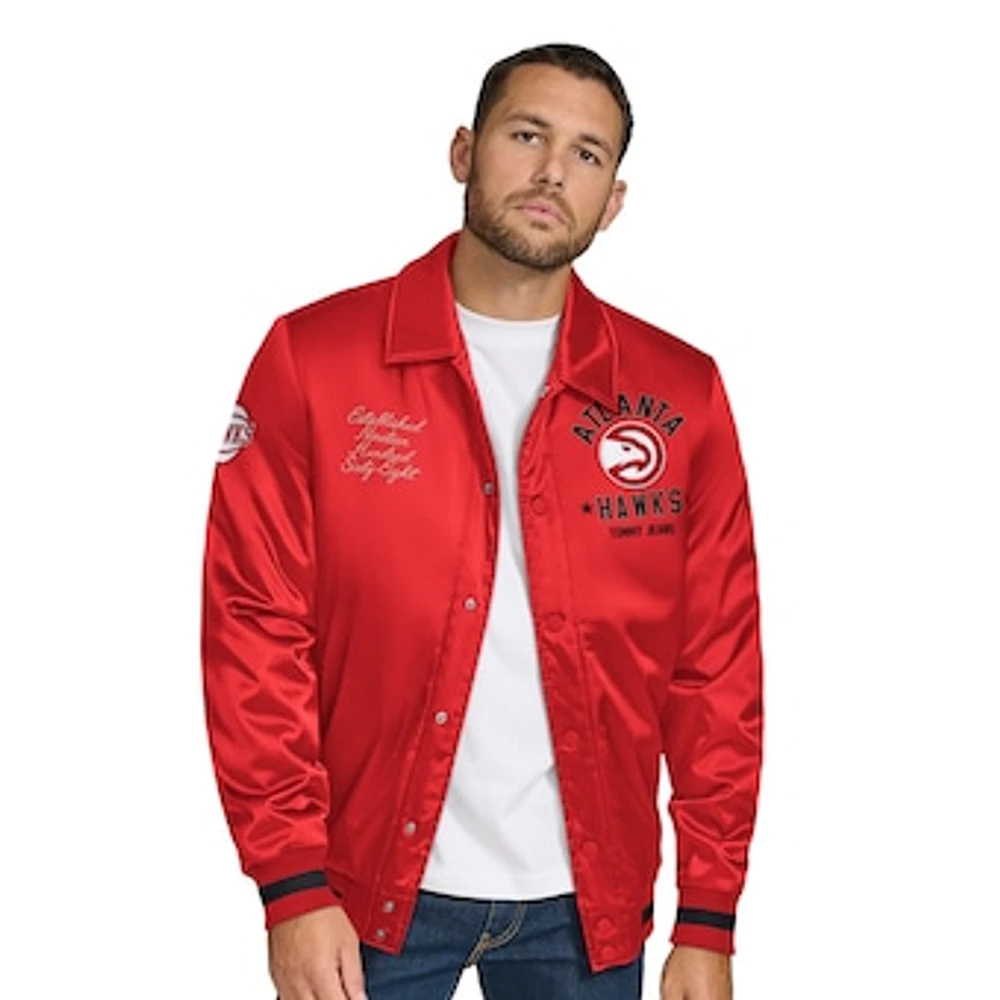 Men's Tommy Jeans Red Atlanta Hawks Jacob Chain Stitch Applique Full-Snap Varsity Jacket