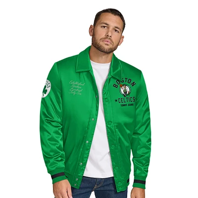 Men's Tommy Jeans Kelly Green Boston Celtics Jacob Chain Stitch Applique Full-Snap Varsity Jacket