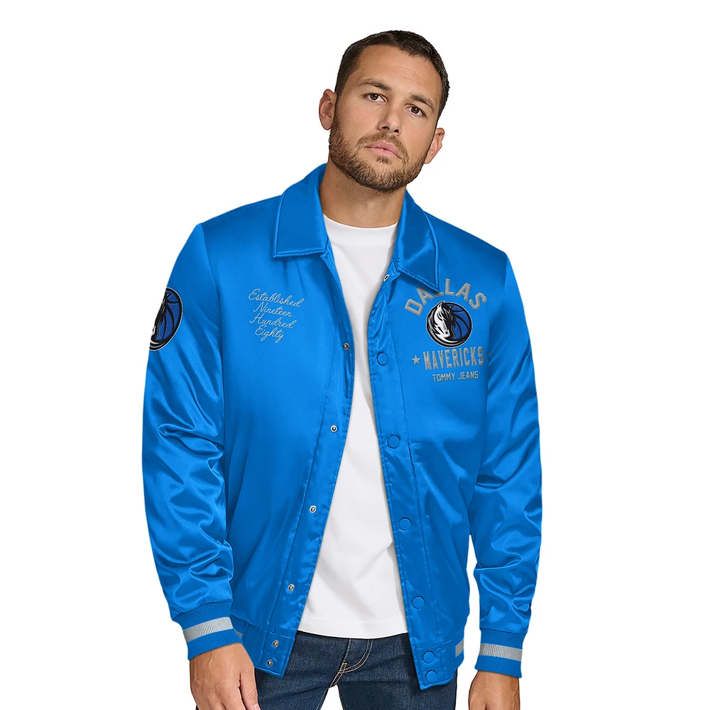 Men's Tommy Jeans Blue Dallas Mavericks Jacob Chain Stitch Applique Full-Snap Varsity Jacket