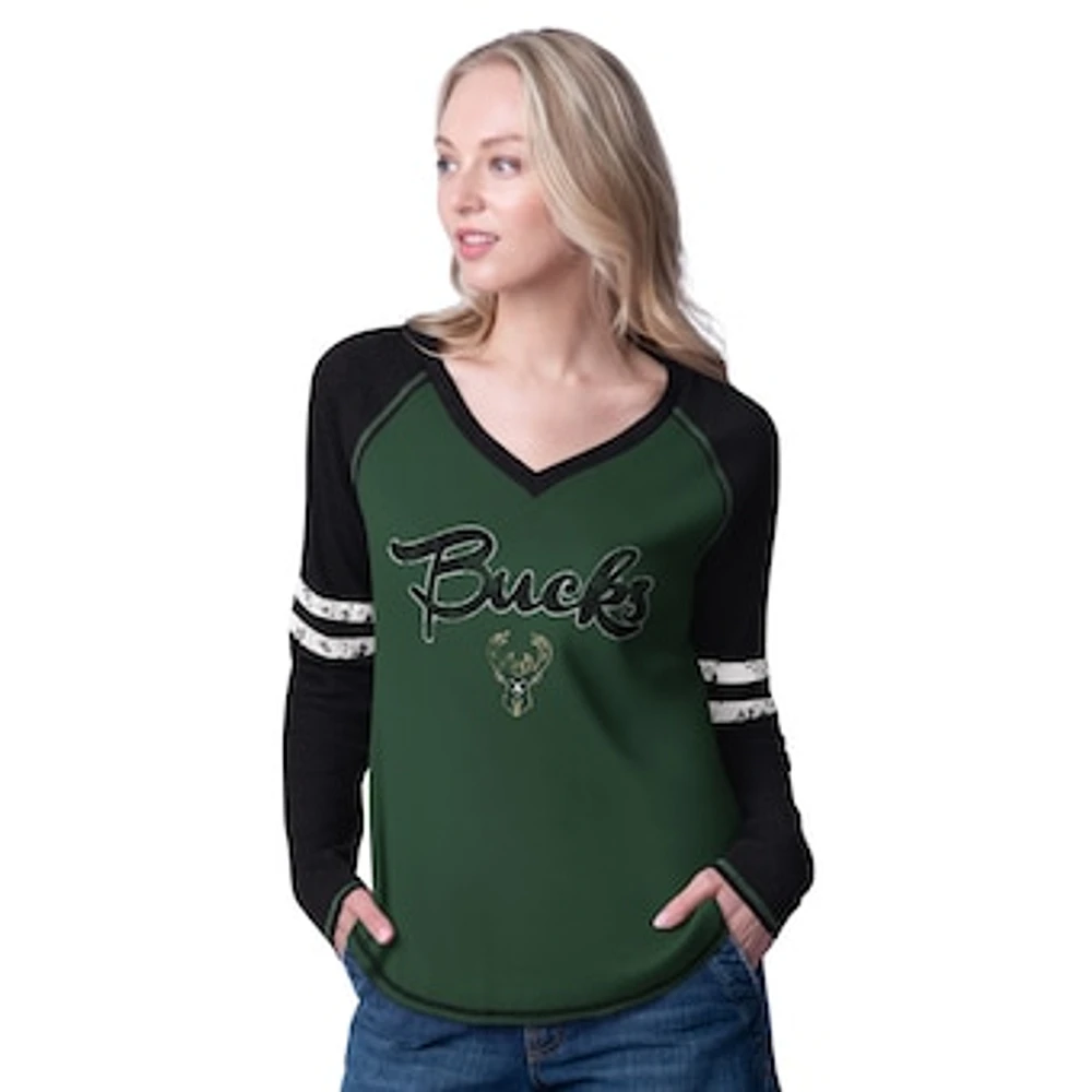 Women's G-III 4Her by Carl Banks Hunter Green/Cream Milwaukee Bucks Winner Waffle Knit Thermal Long Sleeve Tri-Blend T-Shirt