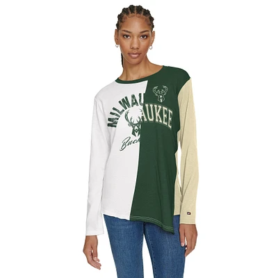 Women's Tommy Jeans White/Hunter Green Milwaukee Bucks Amelia Color Blocked Sequin T-Shirt