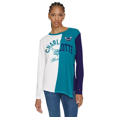 Women's Tommy Jeans White/Teal Charlotte Hornets Amelia Color Blocked Sequin T-Shirt