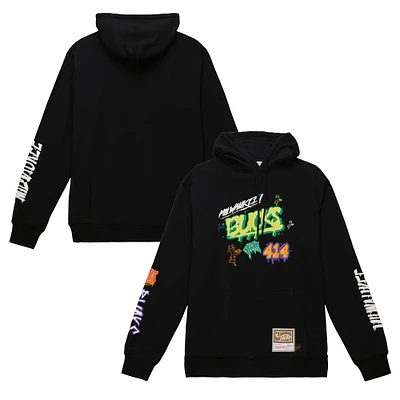 Men's Mitchell & Ness  Black Milwaukee Bucks Hardwood Classics Slap Sticker Pullover Hoodie