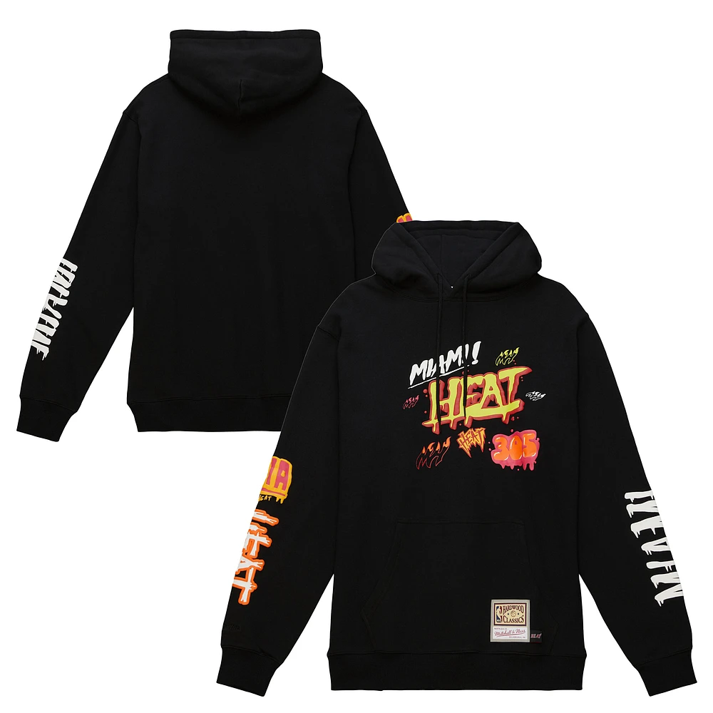 Men's Mitchell & Ness Black Miami Heat Hardwood Classics Slap Sticker Pullover Hoodie