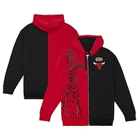 Men's Mitchell & Ness  Red/Black Chicago Bulls Color Block 2.0 Fleece Full-Zip Hoodie