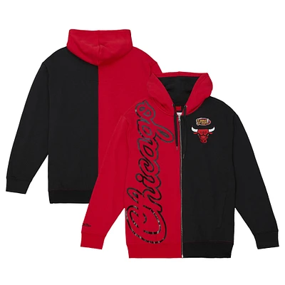 Men's Mitchell & Ness  Red/Black Chicago Bulls Color Block 2.0 Fleece Full-Zip Hoodie
