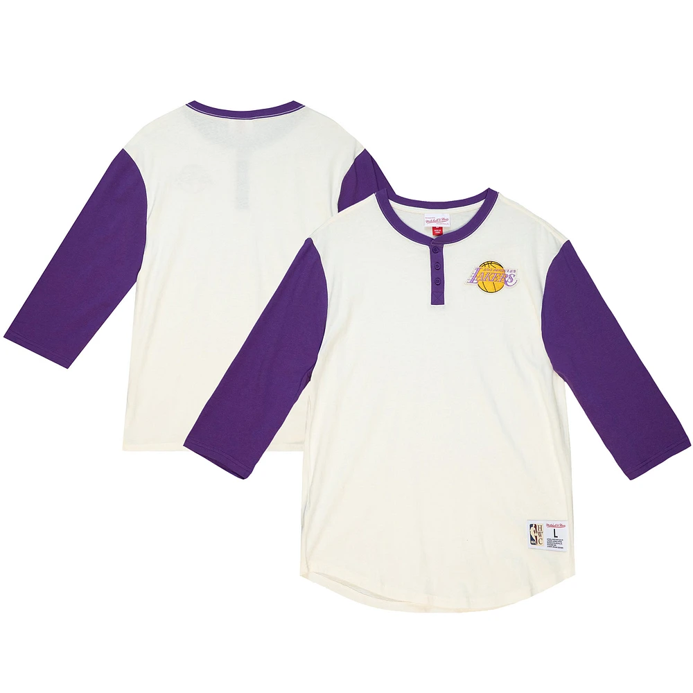 Men's Mitchell & Ness Cream Los Angeles Lakers Icon 3/4-Sleeve Henley T-Shirt