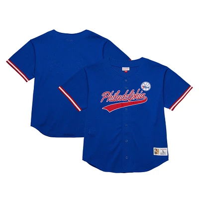 Men's Mitchell & Ness  Royal Philadelphia 76ers Hardwood Classics On The Clock Mesh Fashion Baseball Jersey