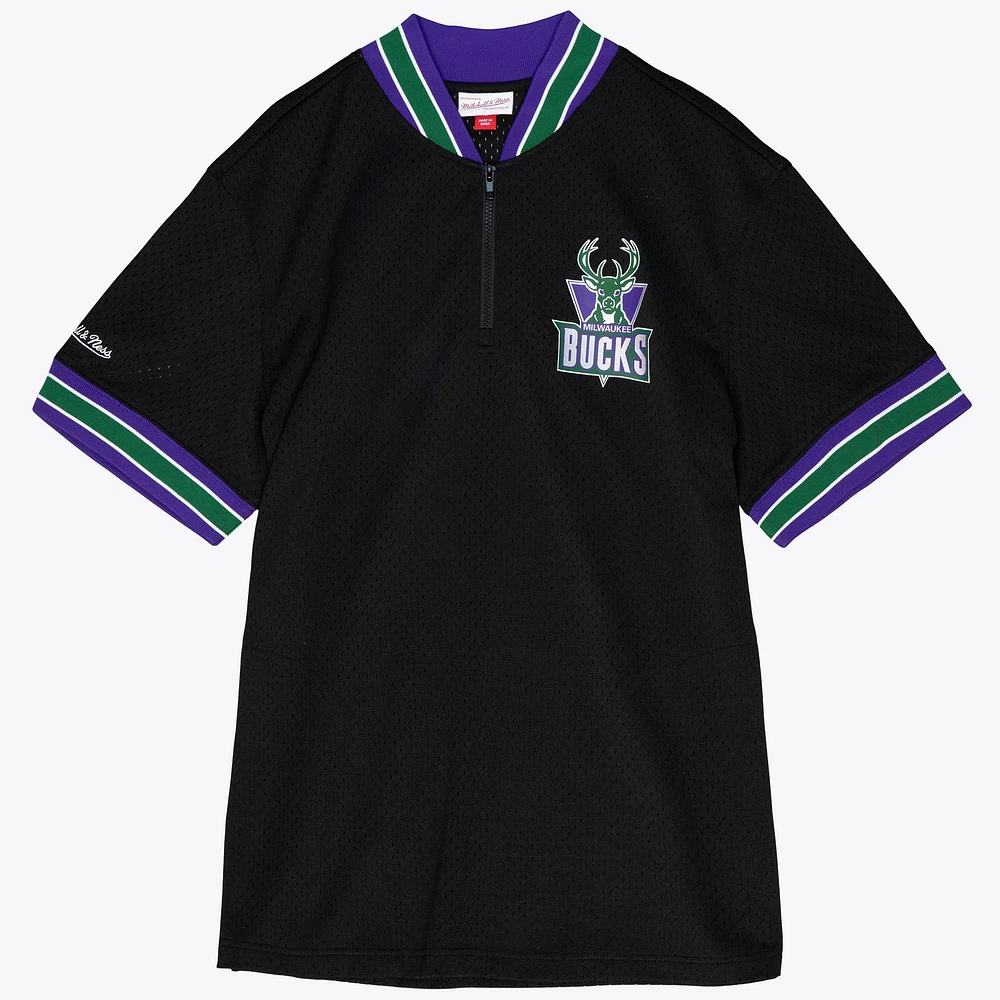 Men's Mitchell & Ness Black Milwaukee Bucks Mesh Quarter-Zip Top