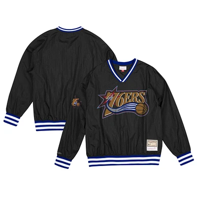 Men's Mitchell & Ness  Black Philadelphia 76ers Hardwood Classics Neon World V-Neck Pullover Jacket