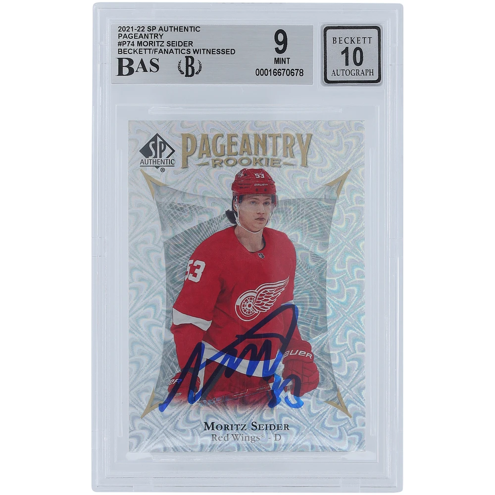 Moritz Seider Detroit Red Wings Autographed 2021-22 Upper Deck SP Authentic Pageantry #P-74 Beckett Fanatics Witnessed Authenticated 9/10 Rookie Card