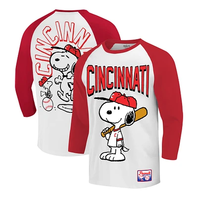 Men's Ripple Junction White/Red Peanuts Cincinnati Baseball 3/4-Sleeve Raglan T-Shirt