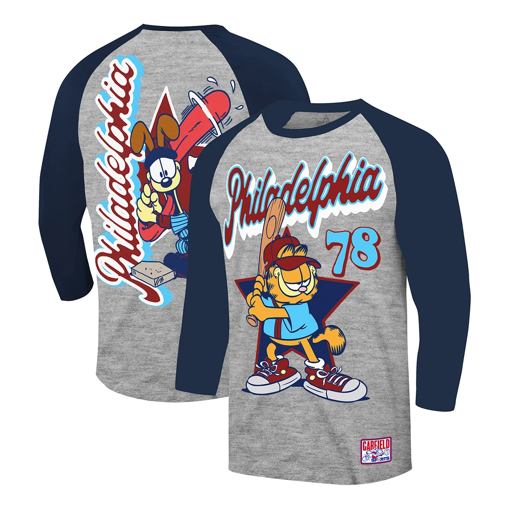 Men's Ripple Junction Heather Gray/Navy Garfield Philadelphia Baseball 3/4-Sleeve Raglan T-Shirt