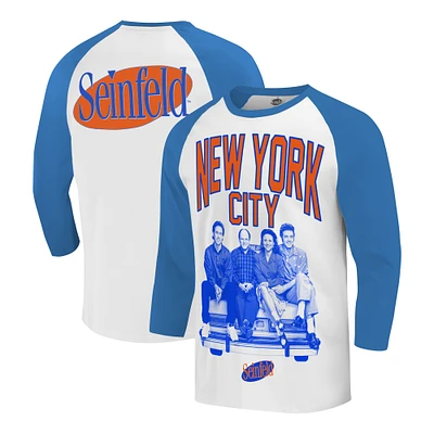 Men's Ripple Junction White/Royal Seinfeld New York City Baseball 3/4-Sleeve Raglan T-Shirt