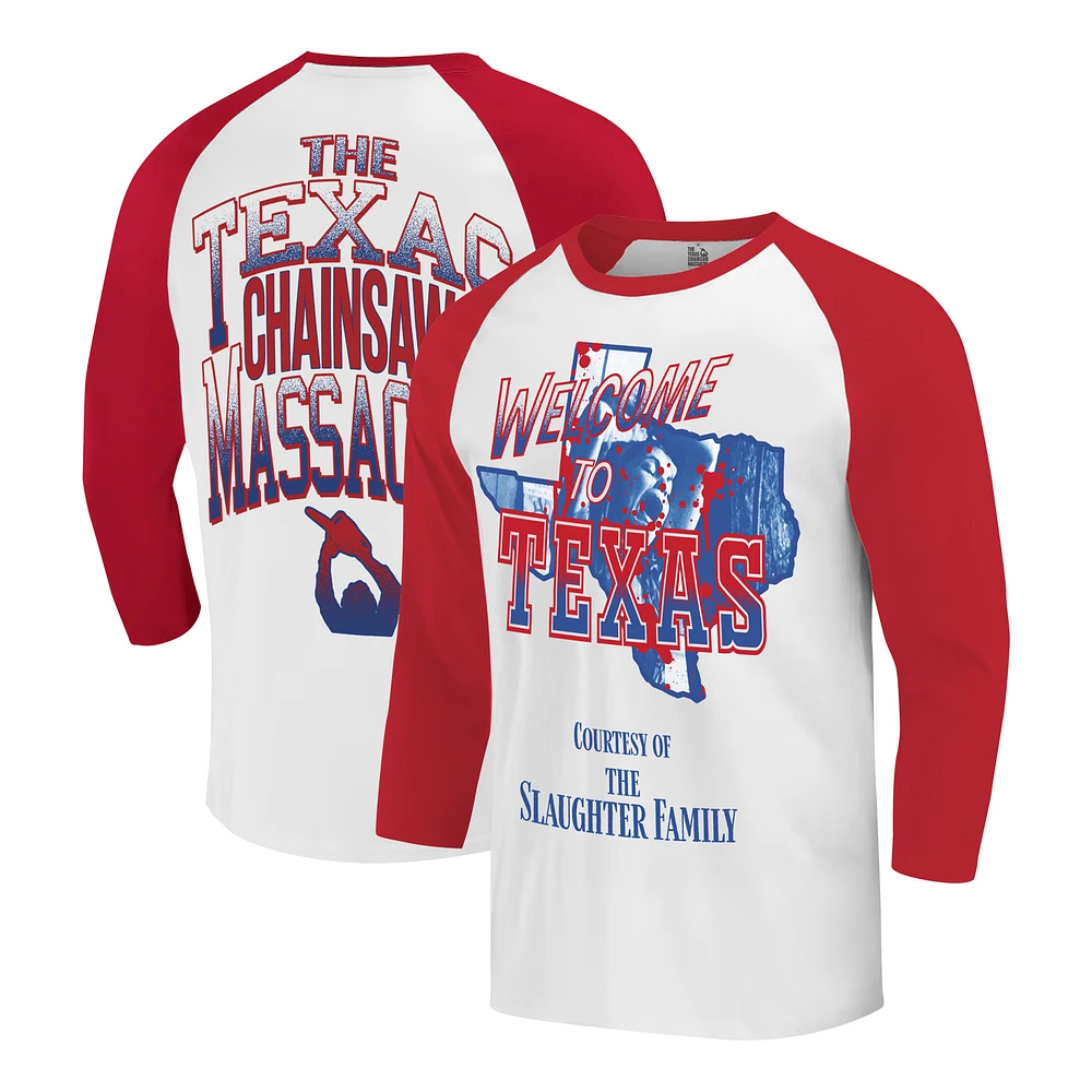 Men's Ripple Junction White/Red Texas Chainsaw Massacre Baseball 3/4-Sleeve Raglan T-Shirt