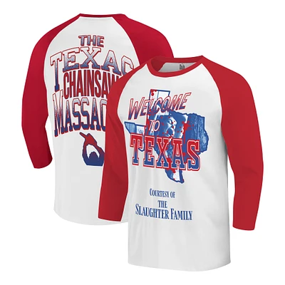 Men's Ripple Junction White/Red Texas Chainsaw Massacre Baseball 3/4-Sleeve Raglan T-Shirt