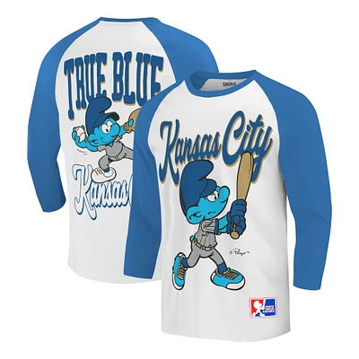 Men's Ripple Junction White/Blue The Smurfs Kansas City Baseball 3/4-Sleeve Raglan T-Shirt