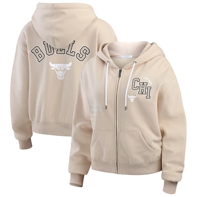 Women's WEAR by Erin Andrews Tan Chicago Bulls Tonal Felt Patch Full-Zip Hoodie