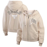 Women's WEAR by Erin Andrews Tan Chicago Bulls Tonal Felt Patch Full-Zip Hoodie