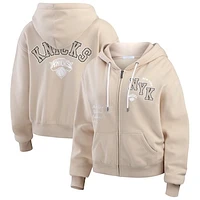 Women's WEAR by Erin Andrews Tan New York Knicks Tonal Felt Patch Full-Zip Hoodie