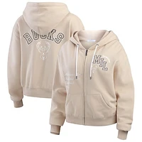 Women's WEAR by Erin Andrews Tan Milwaukee Bucks Tonal Felt Patch Full-Zip Hoodie