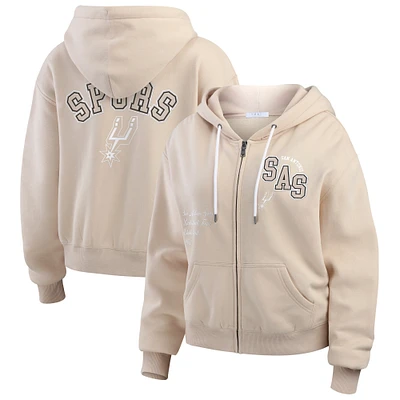 Women's WEAR by Erin Andrews Tan San Antonio Spurs Tonal Felt Patch Full-Zip Hoodie