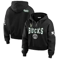 Women's WEAR by Erin Andrews Black Milwaukee Bucks Cropped Quarter-Zip Pullover Hoodie