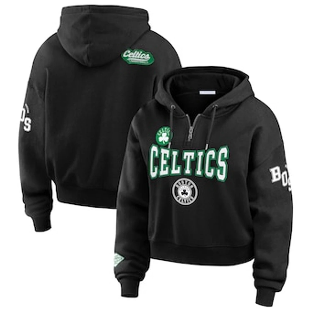 Women's WEAR by Erin Andrews Black Boston Celtics Cropped Quarter-Zip Pullover Hoodie